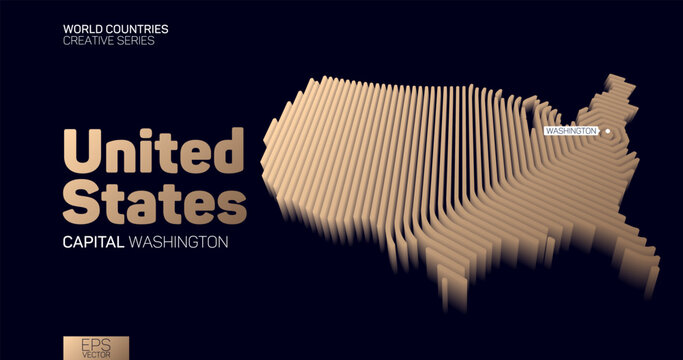 Isometric map of United States of America with golden hexagon lines