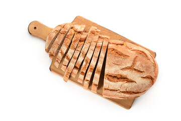 Wooden board with sliced loaf of bread on white background