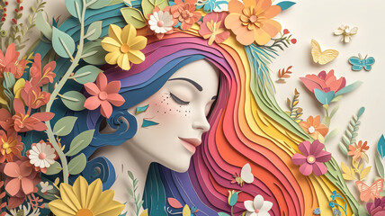 Exquisite paper art creating a peaceful woman's profile with rainbow-colored hair adorned with a variety of elegant paper flowers and butterflies.
