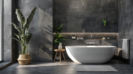 The bathroom walls are coated in an Industrial Chic Matte suede finish giving the space a spalike feel. The texture of the finish adds visual interest to the otherwise minimalist design . - obrazy, fototapety, plakaty