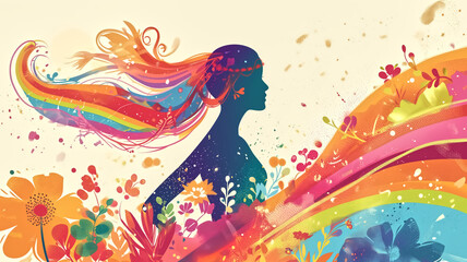 Artistic silhouette of a woman with her hair flowing into a vibrant rainbow of colors, intertwined with nature's elements and whimsical florals.
