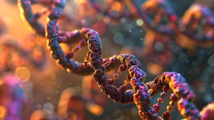 Fotobehang Close-up of spiraling DNA-like structures with vibrant, multicolored particles against a warm bokeh background, symbolizing life and complexity.  © Mala