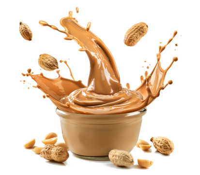 splash peanut butter with peanut seeds isolated on transparent background cutout , generative ai	
