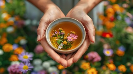 Zoomed-in view of a cup of herbal tea being offered to a patient, representing the comfort and healing properties of plants