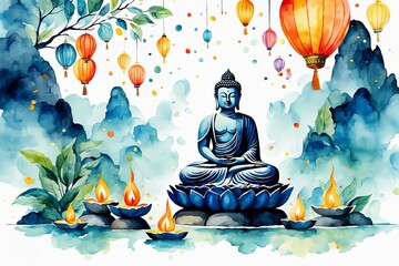 a watercolor illustration of a scene depicting Buddha's birthday against a white background with iconic elements, and space