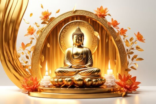 3D illustration of a scene depicting Buddha's birthday against a white background, with iconic elements and free space