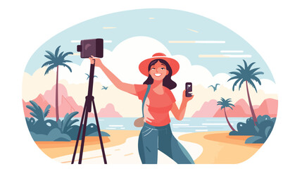Woman taking selfie. Female blogger using camera wi