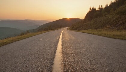 Sunset Serenity: A Low-Level View of an Empty, Old Paved Road in a Mountain Area