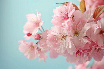 Pink cherry blossoms in spring, blooming on a tree branch, embody the beauty of nature's delicate flora