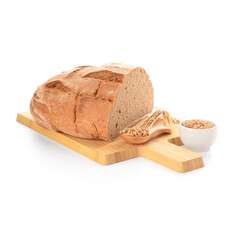 Wooden board with tasty bread, bowl and spoon of wheat grains on white background