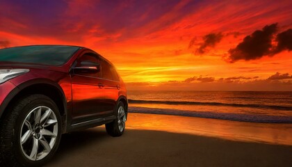 Wallpaper compact SUV car with sport and modern design parked on concrete road by the sea beach at sunset. Front view of luxury car. New SUV car with beautiful red sunset sky and clouds at the beach. - obrazy, fototapety, plakaty