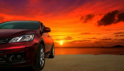 Wallpaper compact SUV car with sport and modern design parked on concrete road by the sea beach at sunset. Front view of luxury car. New SUV car with beautiful red sunset sky and clouds at the beach. - obrazy, fototapety, plakaty
