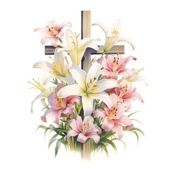 Bouquet of lily flowers and crosses isolated on white background.