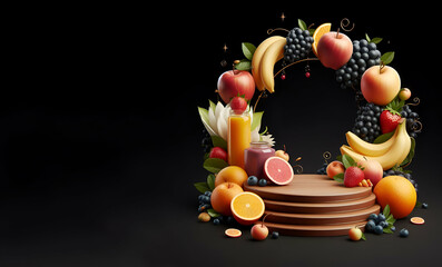 Artistic illustration of a berry and fruit banner with isolated black background, generative ai