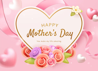 Mother's day heart shape card with roses on light pink background with ribbon and floating hearts.