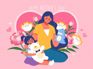 Mother's  day card. Sweet mom and daughter interaction on pink background with flowers and heart.