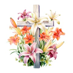 Watercolor cross with lily flowers. Hand painted illustration isolated on white background