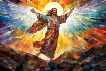 Jesus Christ on the background of the sun and mountains. Vector illustration - obrazy, fototapety, plakaty