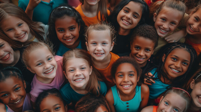 Diverse group of happy girl children smiling and looking high up into camera, bonding together, drone view, high angle shot,  girl child day, teens celebration,  kids of different race, ethnicity