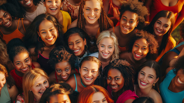 Diverse group of happy women smiling and looking high up into camera, bonding together, drone view, high angle shot, international women's day, ladies celebration, females of different race, ethnicity