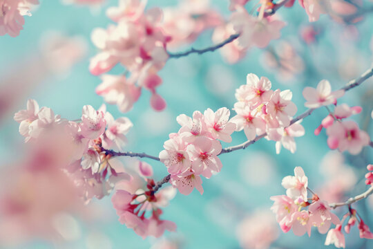 Pink cherry blossoms bloom on a tree in spring, adding beauty to the garden under the blue sky