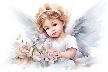 Cute little angel with wings and flowers. Watercolor illustration.