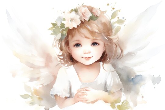 Cute little angel with wings and flowers. Watercolor illustration.