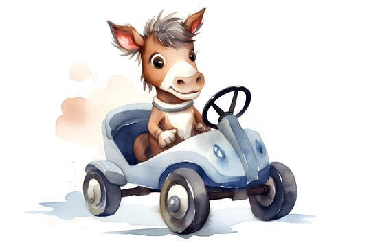 Watercolor image of a horse driving a toy car on a white background