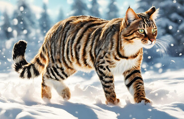 Beautiful tabby cat runs through the white snow
 - obrazy, fototapety, plakaty