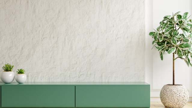 Green cabinet and accessories decor in living room interior on empty plaster wall background- 3D rendering