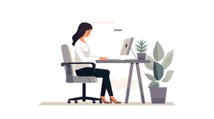 Woman working alone on computer sitting in chair wi