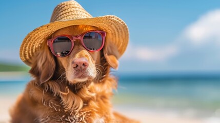 A dog wearing a hat and sunglasses on the beach. Summer vacation with pets