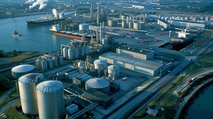 A biofuel production plant stands next to a bustling port where ships are being loaded with containers of biofuel for shipping around the world. The plants close proximity to the port .