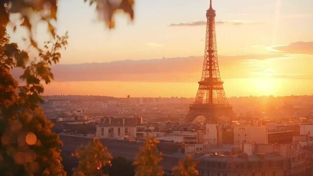 Aerial close up view of Paris Eiffel Tower Tour de Eiffel and panoramic view over Seine River and Paris city attractions at sunset, 4k footage, videos, slow motion