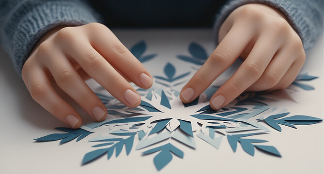 A closeup of a persons hands crafting Fold the paper into a snowflex shape.
