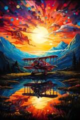 Craft a vibrant acrylic painting capturing the grace of aviation triumphs, dazzling with celestial hues and futuristic glow - obrazy, fototapety, plakaty