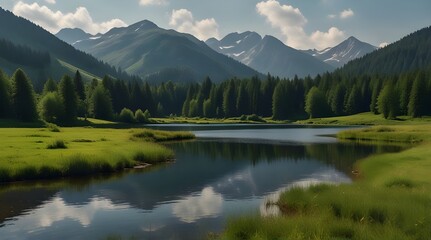 Fototapeta premium A small lake high in the mountains surrounded by green meadows. Natural background.generative.ai