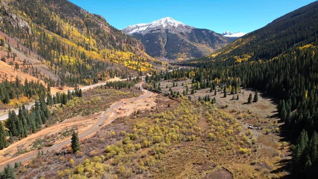 Aerial Yellow River Epic Landscape Colorado Million Dollar Highway Road Yellow Aspen Pine Trees Snow Top Mountains. Winding Yellow River