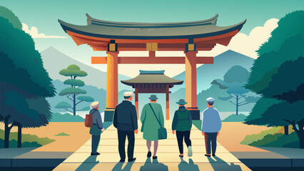 In Japan a group of retirees clad in lightweight backpacking gear bow respectfully as they enter a stunning shrine its wood and gold - obrazy, fototapety, plakaty