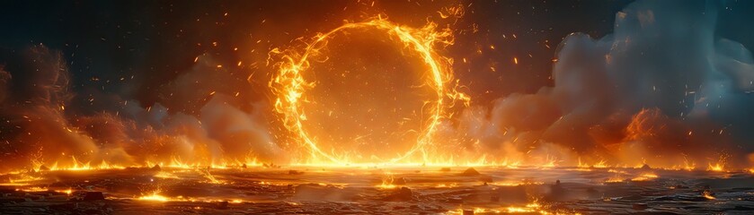 This captivating image features an intense volcanic eruption forming a fiery portal, showcasing a dynamic and powerful natural phenomenon. - obrazy, fototapety, plakaty