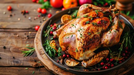 Roasted turkey on a wooden table. AI Generative. - obrazy, fototapety, plakaty