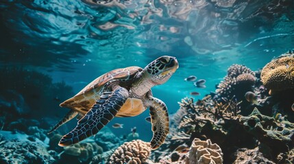 Obraz na płótnie Canvas Sea turtle swimming near coral reef. AI Generative.