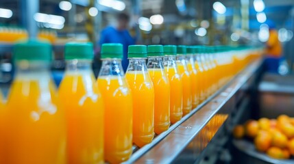 Efficient fruit juice production line in a beverage factory, AI Generative.