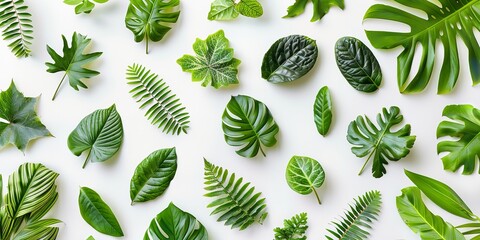 Top view of indoor plants leaves kept on a white surface like a frame with a big space inside of it for text or product advertisement, Generative AI. - obrazy, fototapety, plakaty