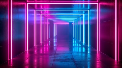 Abstract neon light geometric background. Glowing neon lines. Empty futuristic stage laser. Colorful rectangular laser lines. Square tunnel. Night club empty room. Laser show design
