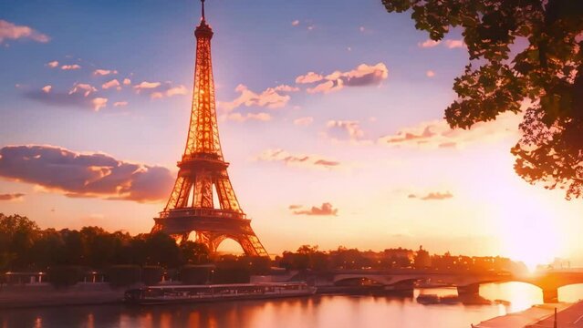 Aerial close up view of Paris Eiffel Tower Tour de Eiffel and panoramic view over Seine River and Paris city attractions at sunset, 4k footage, videos, slow motion