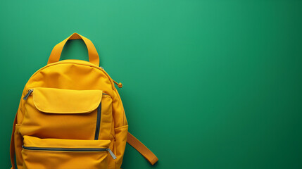 Classic school backpack on colored background. yellow briefcase and green background