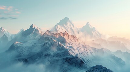 majestic mountains, snowcapped peaks, viewed from a high vantage point Early morning light  - obrazy, fototapety, plakaty