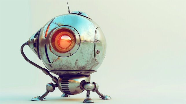 An automotive lighting toy in the shape of a small robot with an electric blue eye is placed on a white surface, resembling an astronomical object