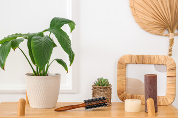 Round hair brush with plants and candles on shelf in bathroom